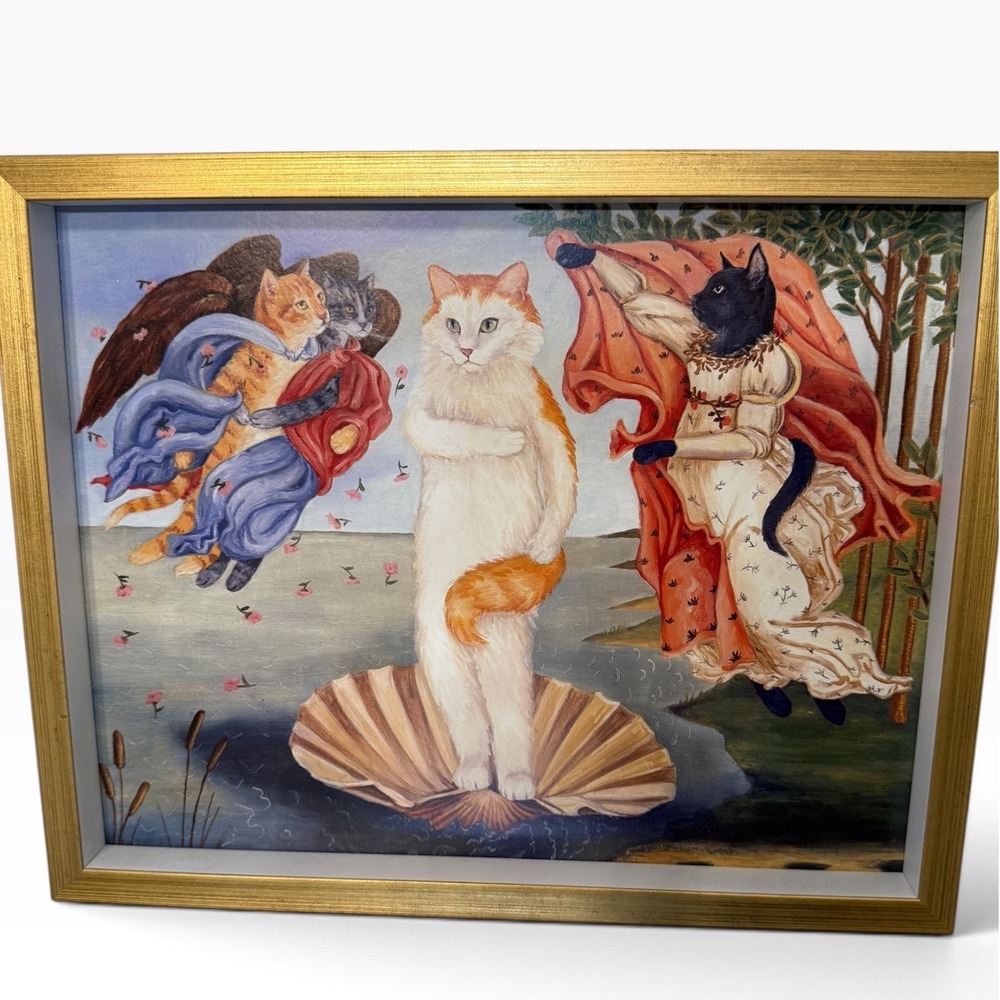 Cat Birth of Venus Framed Art Print Botticelli Parody Gold Frame 11.5x13.5